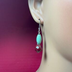 Sterling Silver Turquoise, Red Gemstone Dangle Earrings. 2 inches long